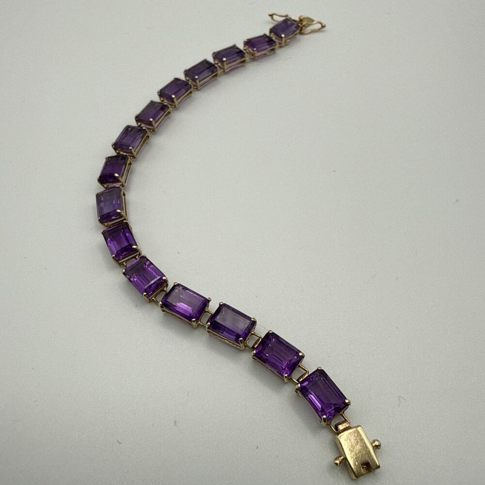 14K Gold 7x5mm Emerald Cut Deep Purple Amethyst Tennis Bracelet 6" Petite 6.3g